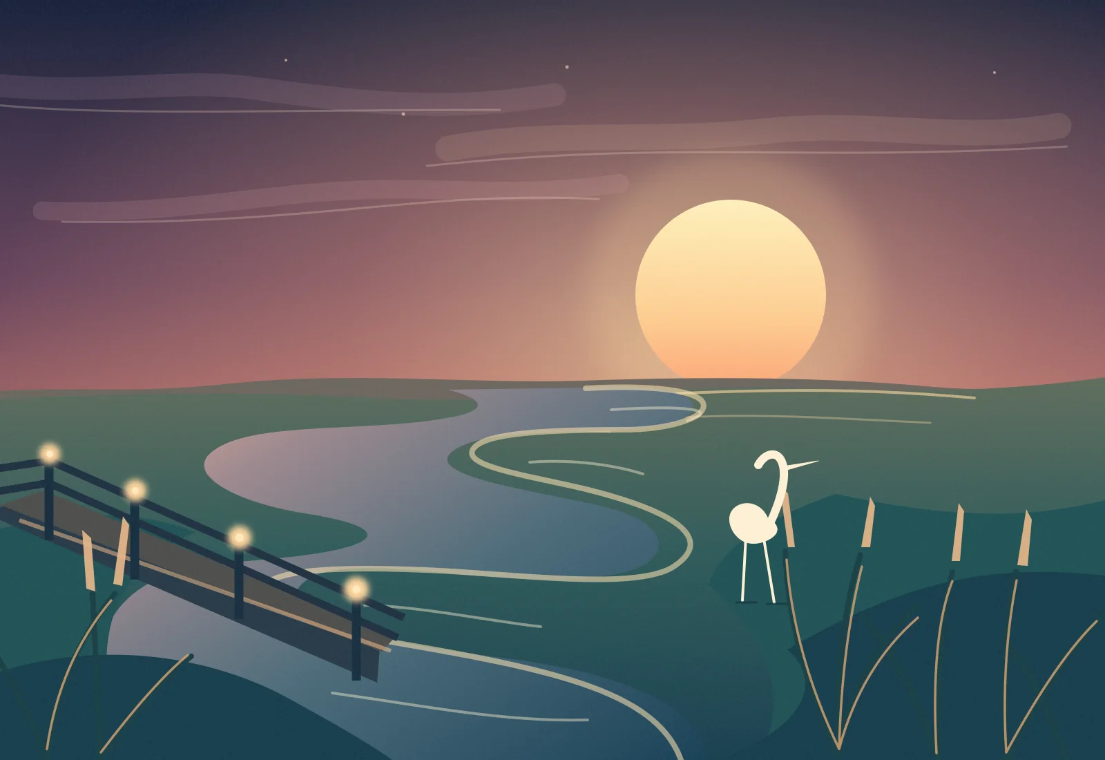 Illustration of a winding tidal marsh at sunset
