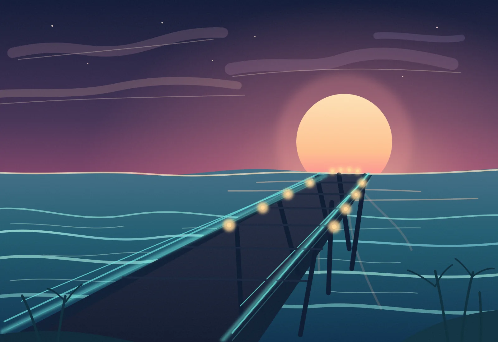 Illustration of a lit pier reaching into the ocean at dusk